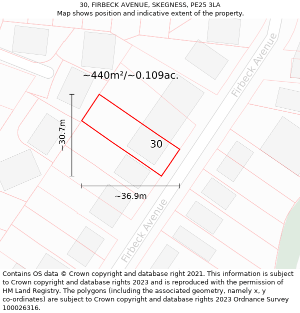 30, FIRBECK AVENUE, SKEGNESS, PE25 3LA: Plot and title map