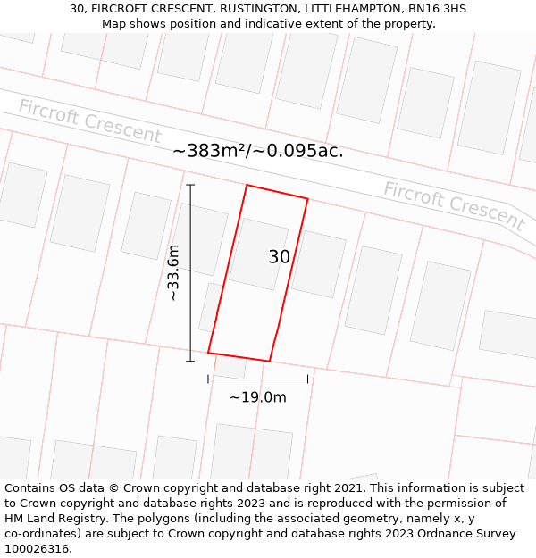 30, FIRCROFT CRESCENT, RUSTINGTON, LITTLEHAMPTON, BN16 3HS: Plot and title map