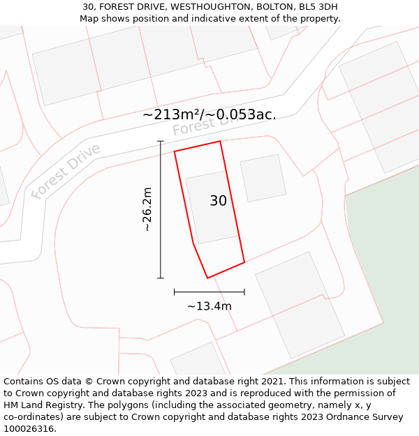 30, FOREST DRIVE, WESTHOUGHTON, BOLTON, BL5 3DH: Plot and title map