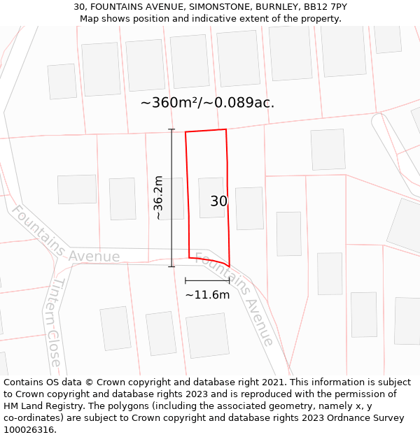 30, FOUNTAINS AVENUE, SIMONSTONE, BURNLEY, BB12 7PY: Plot and title map