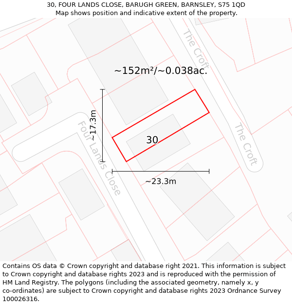 30, FOUR LANDS CLOSE, BARUGH GREEN, BARNSLEY, S75 1QD: Plot and title map