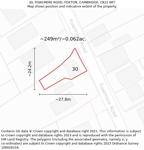 30, FOWLMERE ROAD, FOXTON, CAMBRIDGE, CB22 6RT: Plot and title map