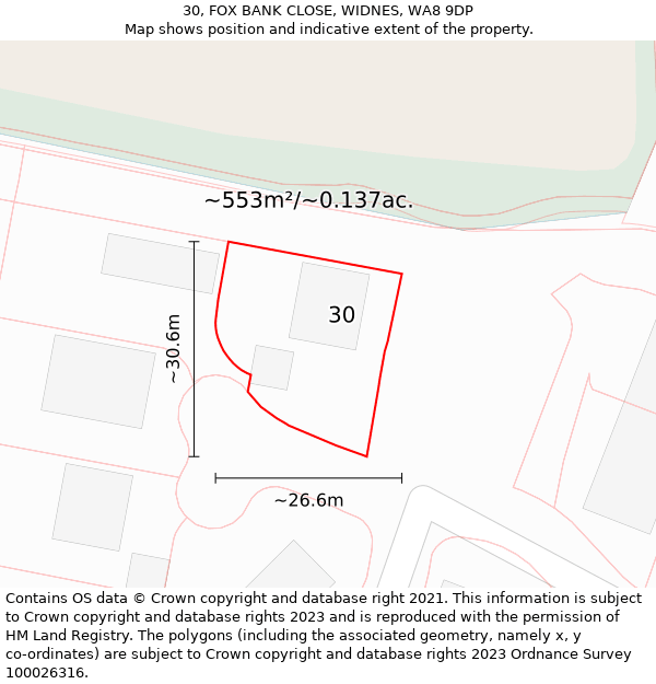 30, FOX BANK CLOSE, WIDNES, WA8 9DP: Plot and title map