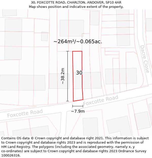 30, FOXCOTTE ROAD, CHARLTON, ANDOVER, SP10 4AR: Plot and title map