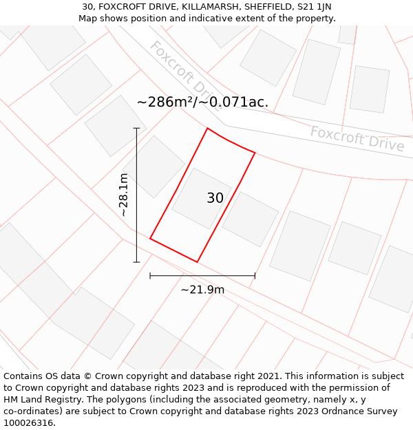 30, FOXCROFT DRIVE, KILLAMARSH, SHEFFIELD, S21 1JN: Plot and title map