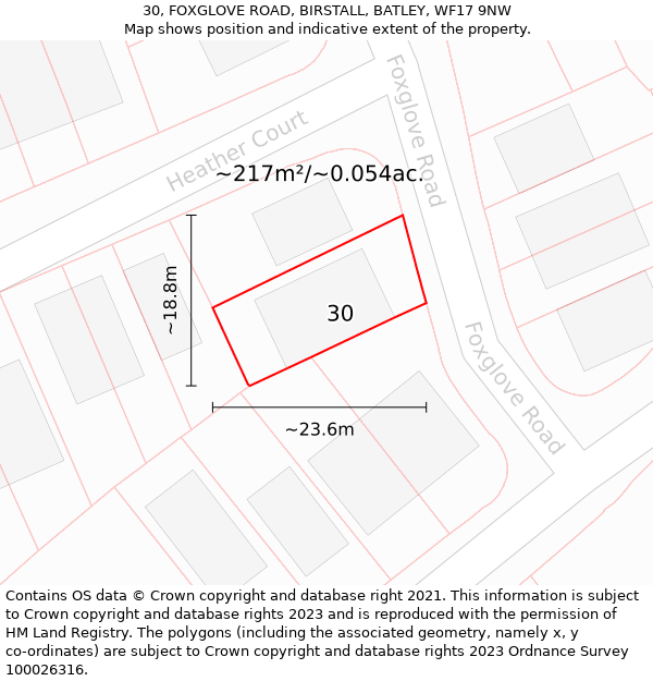 30, FOXGLOVE ROAD, BIRSTALL, BATLEY, WF17 9NW: Plot and title map