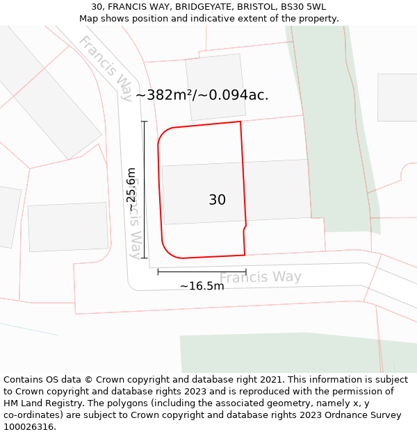 30, FRANCIS WAY, BRIDGEYATE, BRISTOL, BS30 5WL: Plot and title map