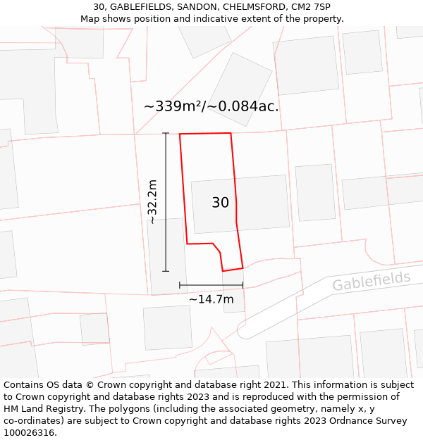 30, GABLEFIELDS, SANDON, CHELMSFORD, CM2 7SP: Plot and title map