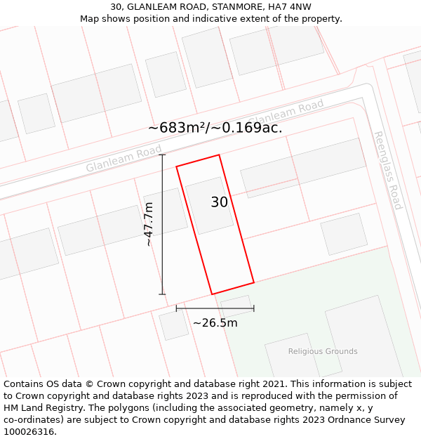 30, GLANLEAM ROAD, STANMORE, HA7 4NW: Plot and title map