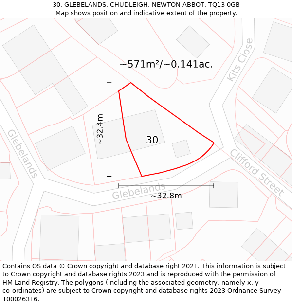 30, GLEBELANDS, CHUDLEIGH, NEWTON ABBOT, TQ13 0GB: Plot and title map