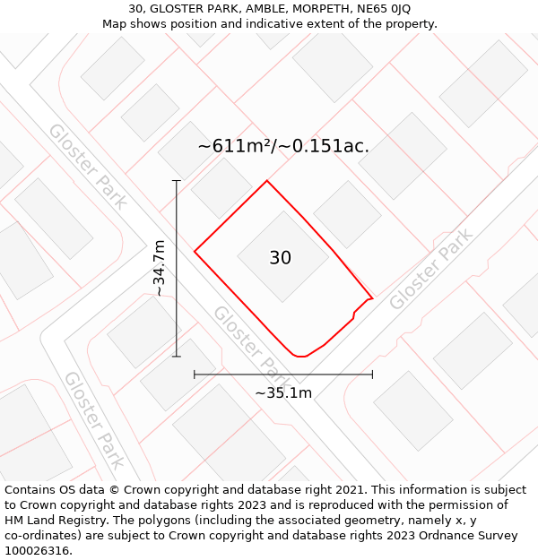 30, GLOSTER PARK, AMBLE, MORPETH, NE65 0JQ: Plot and title map