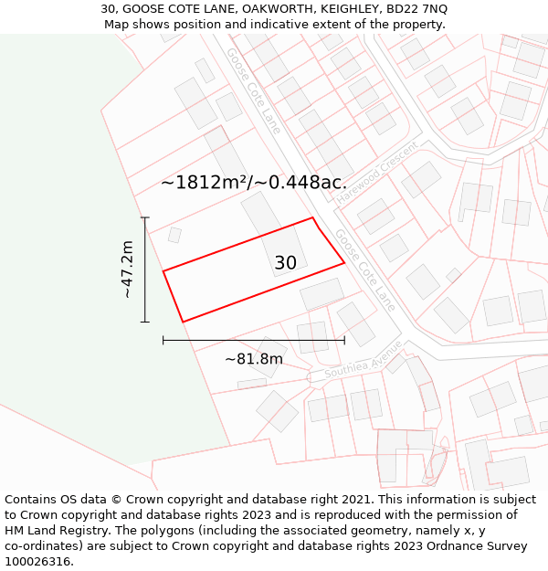 30, GOOSE COTE LANE, OAKWORTH, KEIGHLEY, BD22 7NQ: Plot and title map