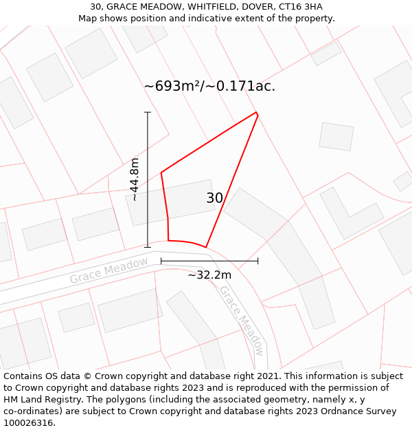 30, GRACE MEADOW, WHITFIELD, DOVER, CT16 3HA: Plot and title map