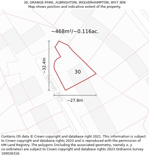 30, GRANGE PARK, ALBRIGHTON, WOLVERHAMPTON, WV7 3EN: Plot and title map