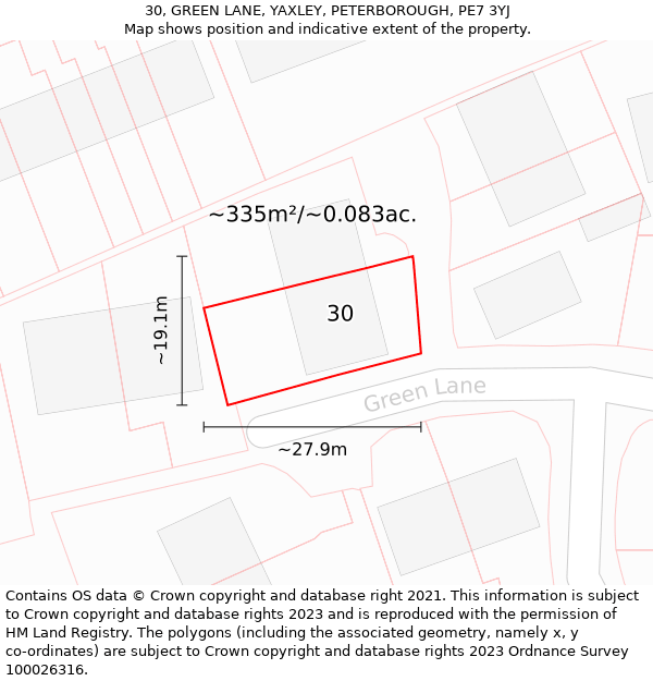 30, GREEN LANE, YAXLEY, PETERBOROUGH, PE7 3YJ: Plot and title map