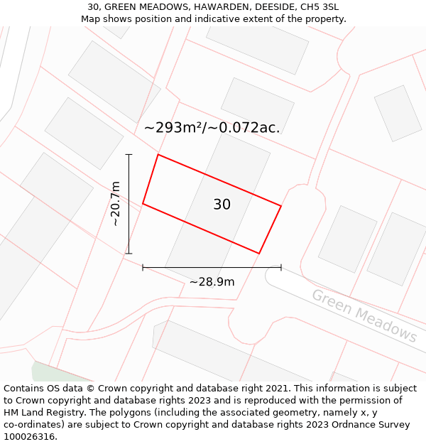 30, GREEN MEADOWS, HAWARDEN, DEESIDE, CH5 3SL: Plot and title map