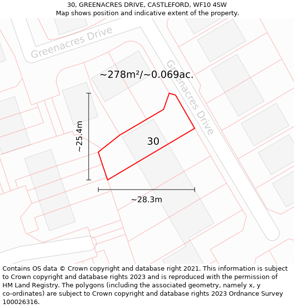 30, GREENACRES DRIVE, CASTLEFORD, WF10 4SW: Plot and title map