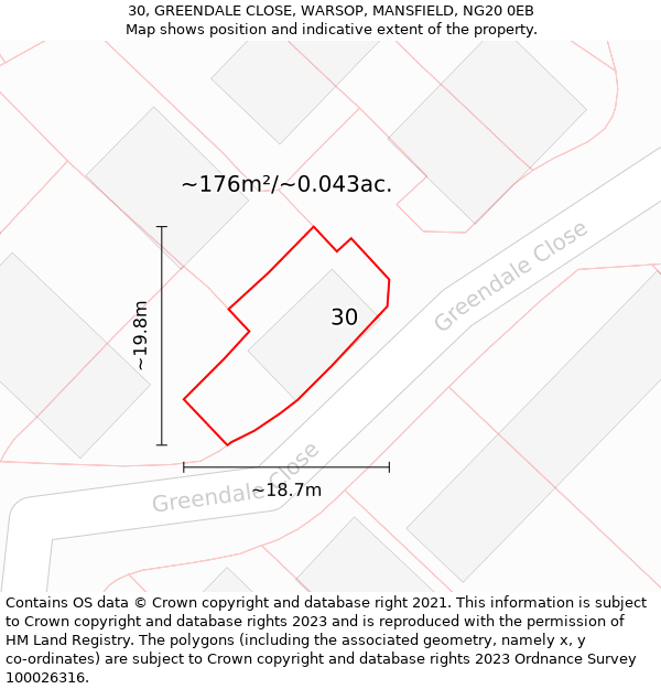 30, GREENDALE CLOSE, WARSOP, MANSFIELD, NG20 0EB: Plot and title map