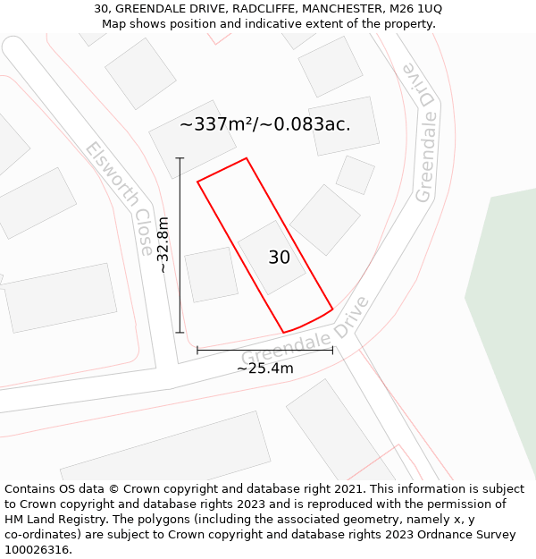 30, GREENDALE DRIVE, RADCLIFFE, MANCHESTER, M26 1UQ: Plot and title map