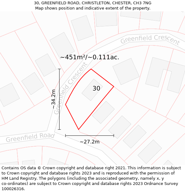 30, GREENFIELD ROAD, CHRISTLETON, CHESTER, CH3 7NG: Plot and title map