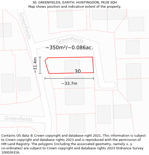 30, GREENFIELDS, EARITH, HUNTINGDON, PE28 3QH: Plot and title map