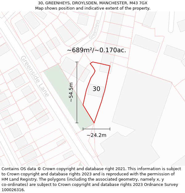 30, GREENHEYS, DROYLSDEN, MANCHESTER, M43 7GX: Plot and title map