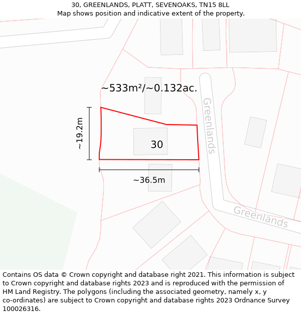 30, GREENLANDS, PLATT, SEVENOAKS, TN15 8LL: Plot and title map