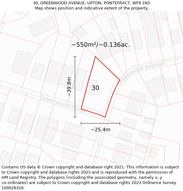 30, GREENWOOD AVENUE, UPTON, PONTEFRACT, WF9 1NS: Plot and title map