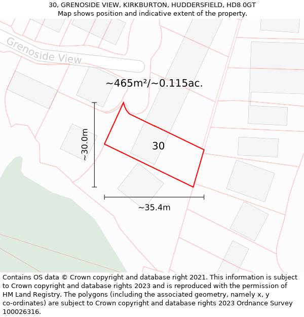 30, GRENOSIDE VIEW, KIRKBURTON, HUDDERSFIELD, HD8 0GT: Plot and title map