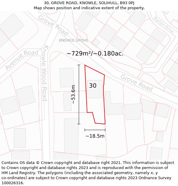 30, GROVE ROAD, KNOWLE, SOLIHULL, B93 0PJ: Plot and title map