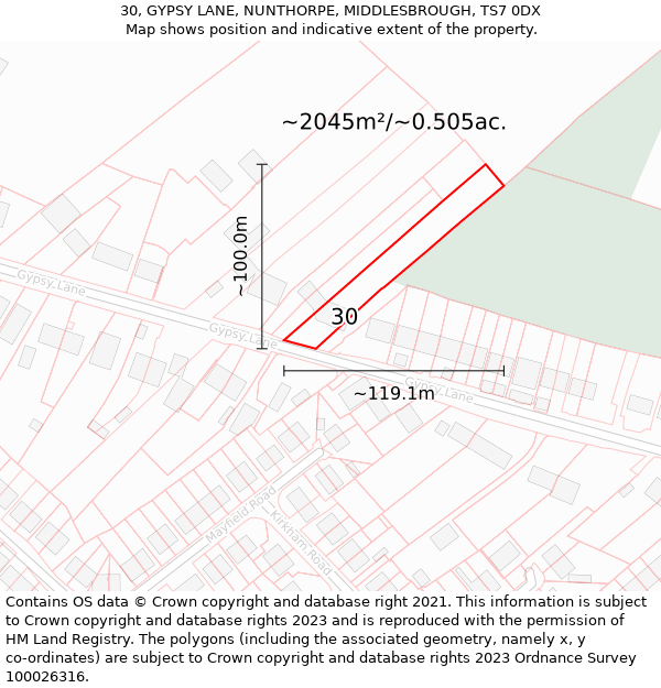 30, GYPSY LANE, NUNTHORPE, MIDDLESBROUGH, TS7 0DX: Plot and title map