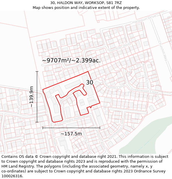 30, HALDON WAY, WORKSOP, S81 7RZ: Plot and title map