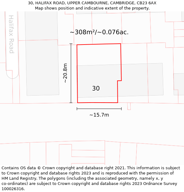 30, HALIFAX ROAD, UPPER CAMBOURNE, CAMBRIDGE, CB23 6AX: Plot and title map