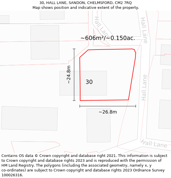 30, HALL LANE, SANDON, CHELMSFORD, CM2 7RQ: Plot and title map