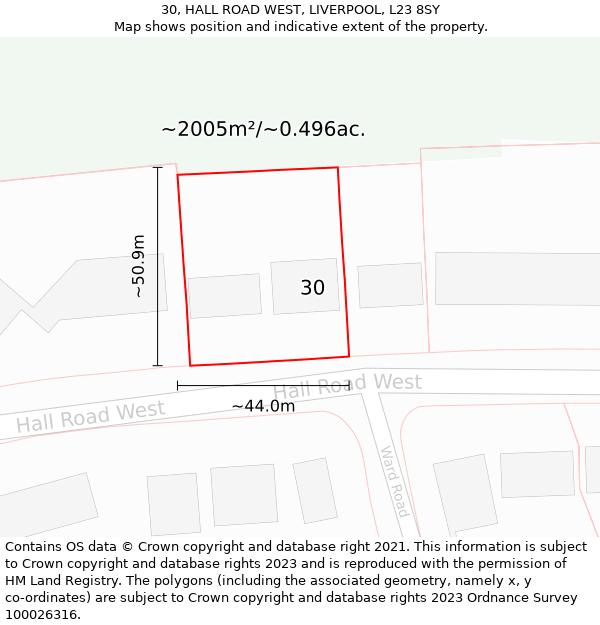 30, HALL ROAD WEST, LIVERPOOL, L23 8SY: Plot and title map