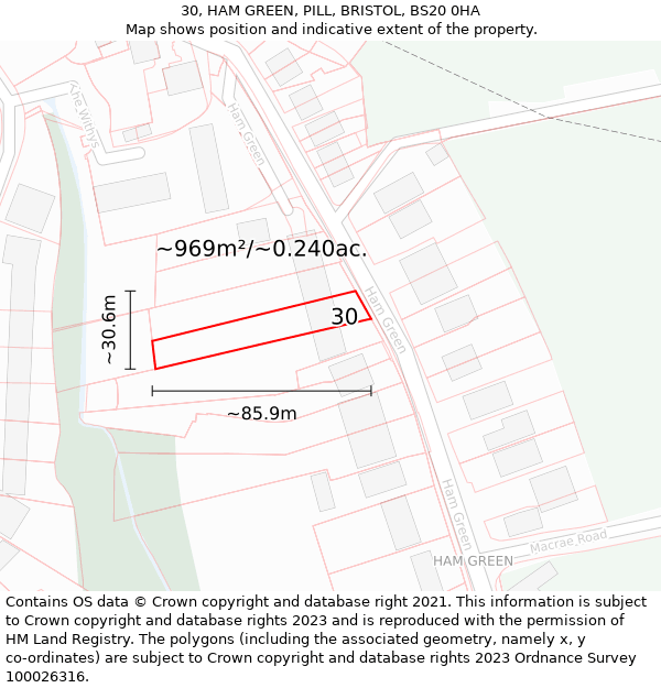 30, HAM GREEN, PILL, BRISTOL, BS20 0HA: Plot and title map