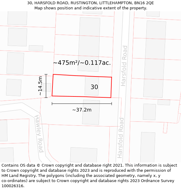 30, HARSFOLD ROAD, RUSTINGTON, LITTLEHAMPTON, BN16 2QE: Plot and title map