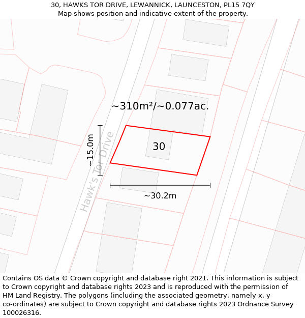 30, HAWKS TOR DRIVE, LEWANNICK, LAUNCESTON, PL15 7QY: Plot and title map