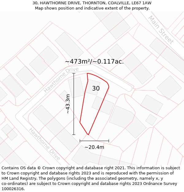 30, HAWTHORNE DRIVE, THORNTON, COALVILLE, LE67 1AW: Plot and title map