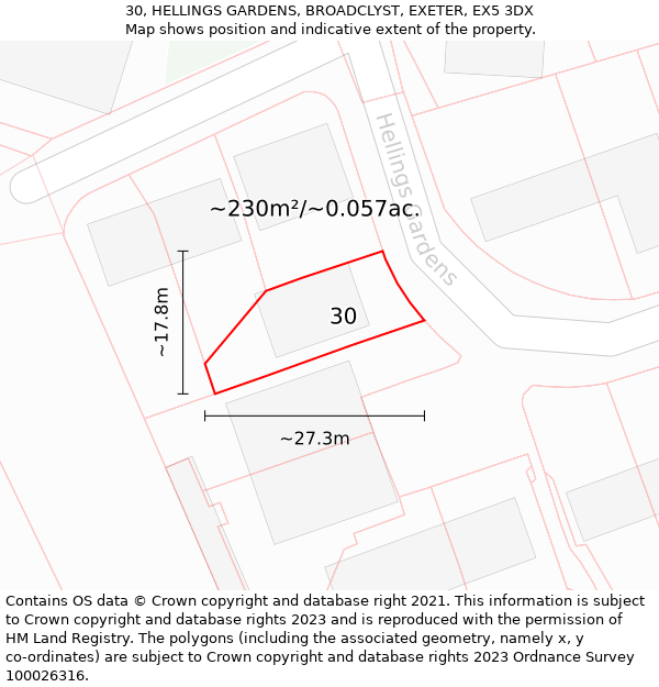 30, HELLINGS GARDENS, BROADCLYST, EXETER, EX5 3DX: Plot and title map