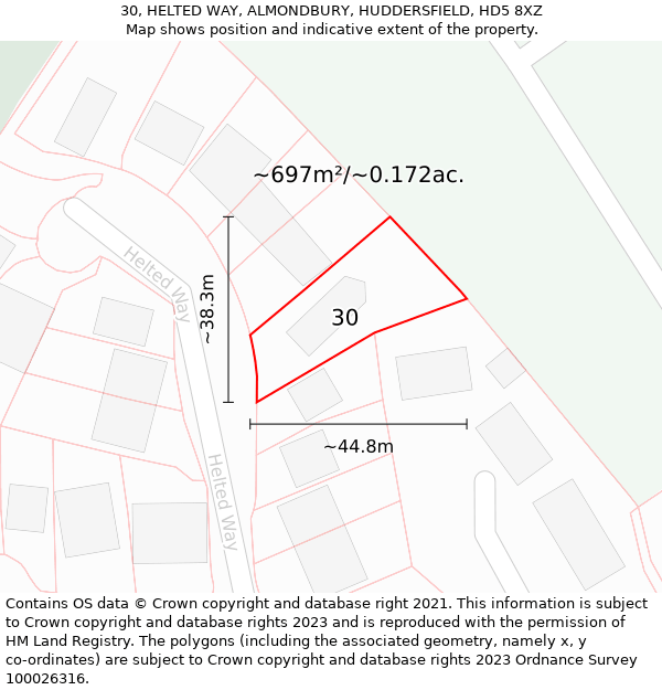 30, HELTED WAY, ALMONDBURY, HUDDERSFIELD, HD5 8XZ: Plot and title map