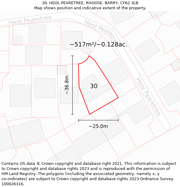 30, HEOL PEARETREE, RHOOSE, BARRY, CF62 3LB: Plot and title map