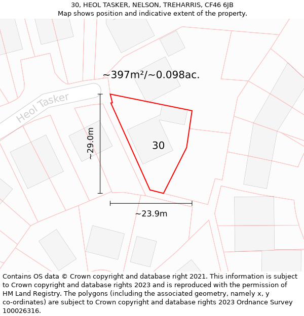 30, HEOL TASKER, NELSON, TREHARRIS, CF46 6JB: Plot and title map