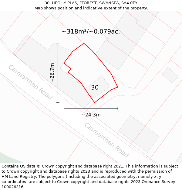 30, HEOL Y PLAS, FFOREST, SWANSEA, SA4 0TY: Plot and title map