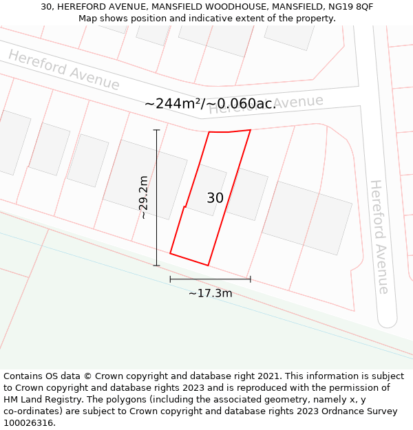 30, HEREFORD AVENUE, MANSFIELD WOODHOUSE, MANSFIELD, NG19 8QF: Plot and title map