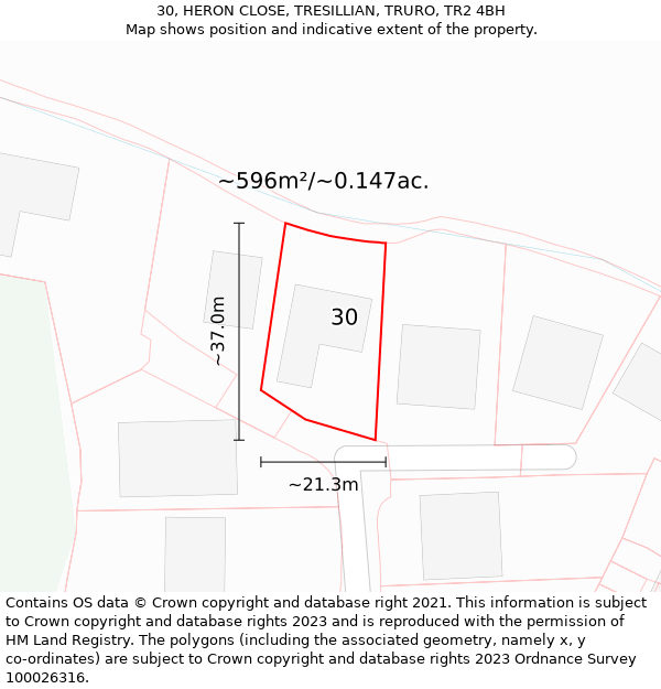 30, HERON CLOSE, TRESILLIAN, TRURO, TR2 4BH: Plot and title map