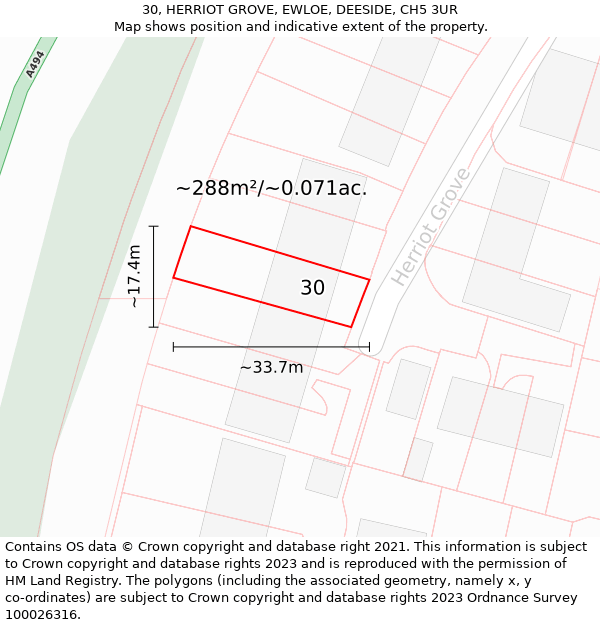 30, HERRIOT GROVE, EWLOE, DEESIDE, CH5 3UR: Plot and title map