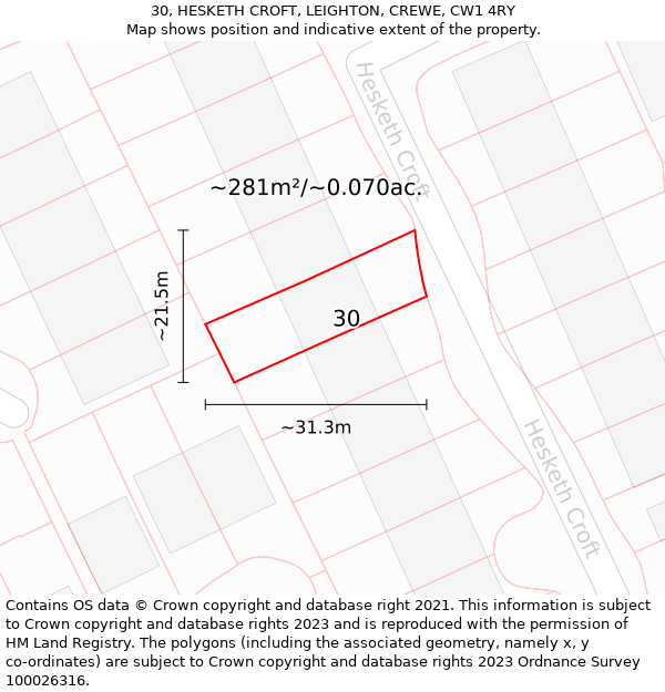 30, HESKETH CROFT, LEIGHTON, CREWE, CW1 4RY: Plot and title map