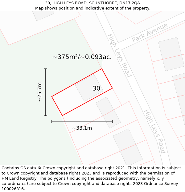 30, HIGH LEYS ROAD, SCUNTHORPE, DN17 2QA: Plot and title map