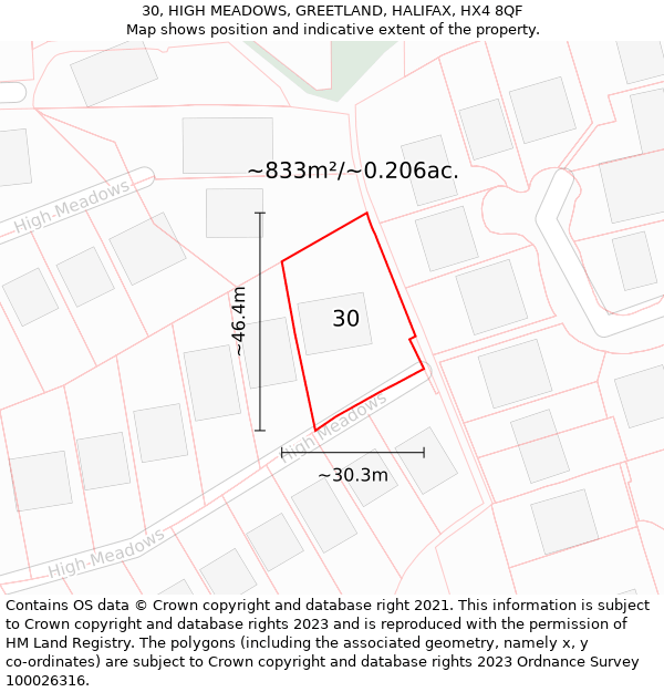 30, HIGH MEADOWS, GREETLAND, HALIFAX, HX4 8QF: Plot and title map